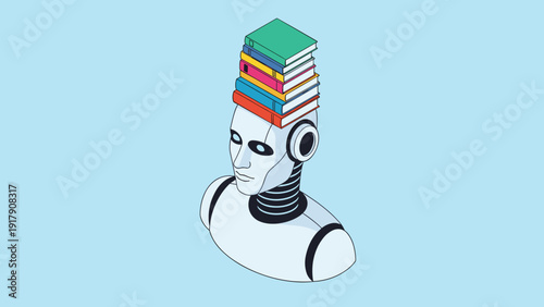 Artificial intelligence learning and knowledge acquisition with a white robot head balancing a tall stack of colorful books on top.