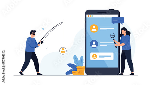 Online phishing and cyber security threats showing a hacker fishing for personal data from a smartphone while a user tries to defend.