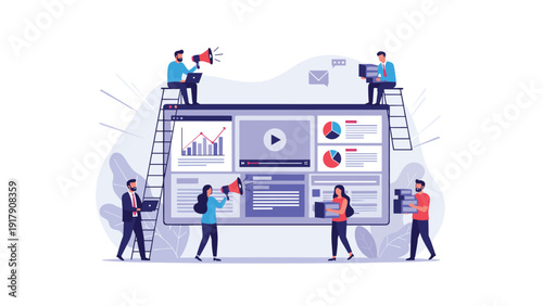 Social media management and data analysis concept with a team of people working around a large digital dashboard on a computer screen.