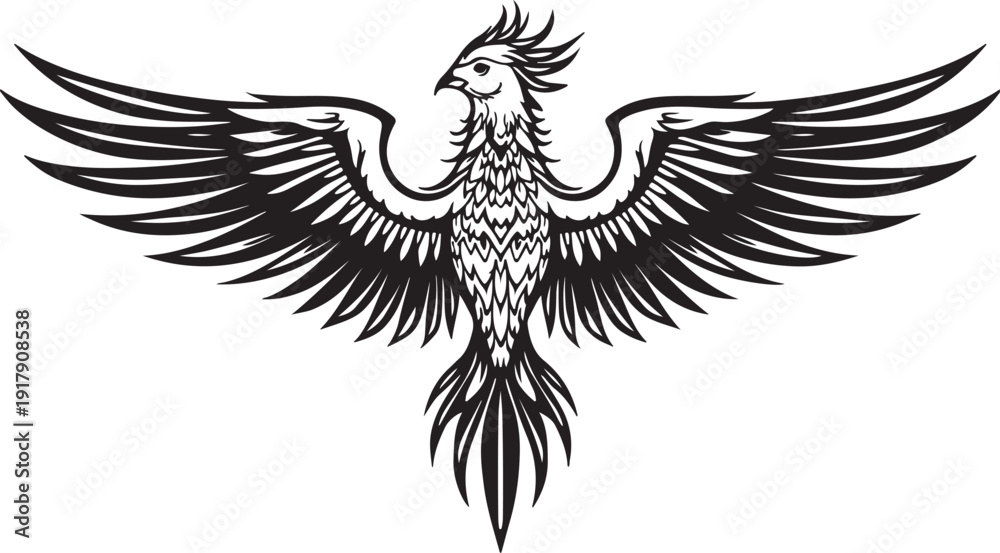 Fototapeta premium Mythical phoenix with spread wings in detailed monochrome artwork