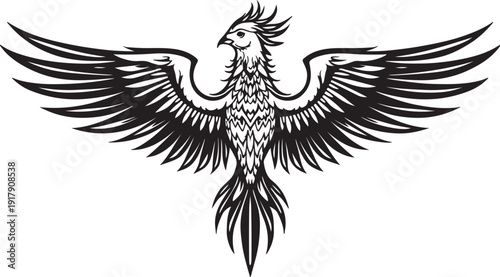 Mythical phoenix with spread wings in detailed monochrome artwork