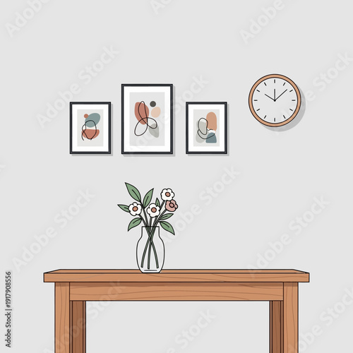 Minimalist wall decor with abstract art, flowers in vase on wooden table, and clock