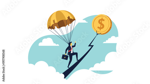 Ambitious businessman using a parachute to land on a rising arrow pointing towards a large gold dollar coin in the sky.
