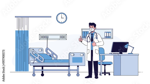 Male doctor wearing a mask and lab coat giving a thumbs up in a clean and modern hospital patient room with an empty bed.