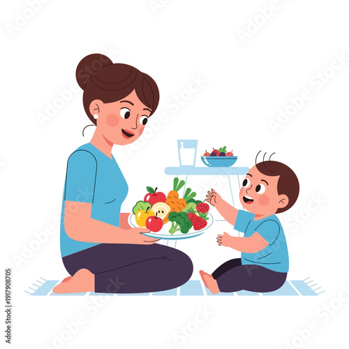 Mother offering healthy fruits and vegetables to a happy baby, promoting healthy eating habits