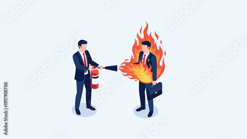 Businessman using a fire extinguisher to put out flames on a colleague representing crisis management and conflict resolution.