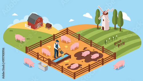 Detailed isometric view of a sustainable pig farm with a farmer feeding the animals in a wooden pen near a barn and windmill.