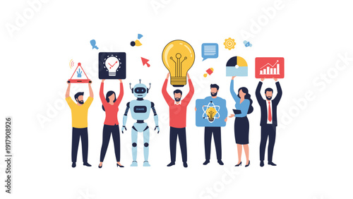 Diverse team of professionals and humanoid robot holding various business innovation symbols representing advanced future technology.