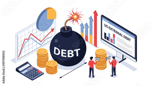 Financial scene depicting a large bomb labeled debt with a lit fuse surrounded by coins, charts, and data about US external debt.