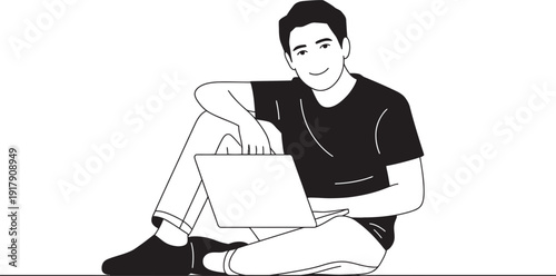 A young man sits cross legged working on a laptop in a simple sketch