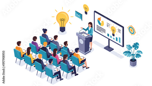Professional female speaker giving business presentation to diverse audience with lightbulb and data chart visuals.