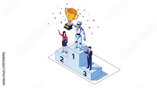 Humanoid robot taking first place on winners podium with business people representing success in modern artificial intelligence technology.