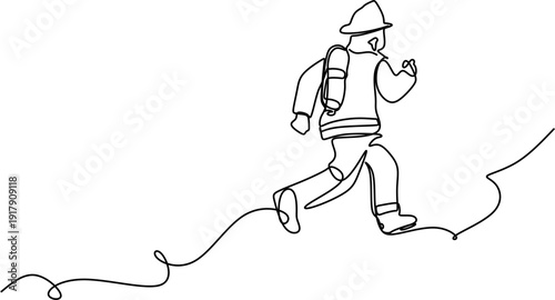 Continuous One Line Drawing of Firefighter Running with Equipment Silhouette
