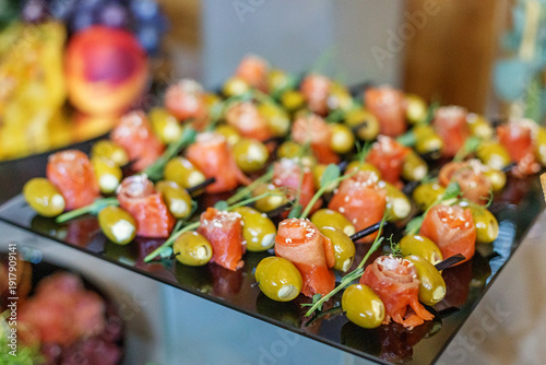 Gourmet Salmon and Olive Skewers on Catering Platter