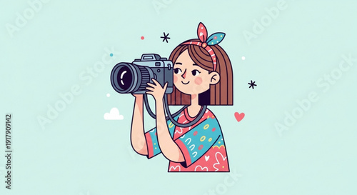 Young Girl Taking Photo with Camera, Isolated on Light Blue Background, Cartoon Style