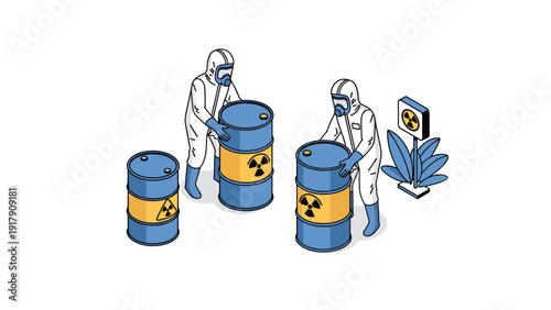 Workers in protective hazmat suits handling blue barrels with radioactive hazardous waste symbols in disposal area.