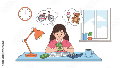 Young girl sitting at desk counting money savings and dreaming about buying new bicycle and toys for her happy future.