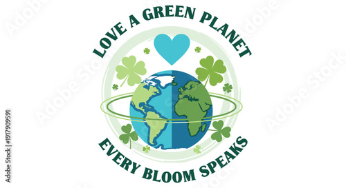 Environmental eco friendly icon with green planet and shamrocks. Includes Earth, leaves, heart symbol. Created in flat style with green color palette.