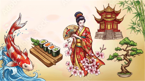 Traditional Japanese culture with woman in kimono and sushi