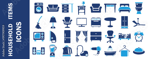 Household items icons set in flat design featuring home, office, kitchen, cleaning, and organization essentials for domestic and lifestyle concepts in vector style