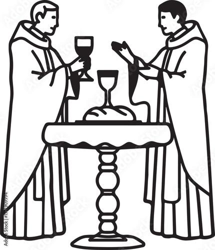 Two clergy members performing a religious communion ceremony at an altar.