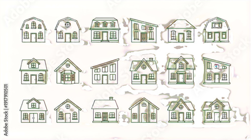 Various house designs and styles in green outline on paper