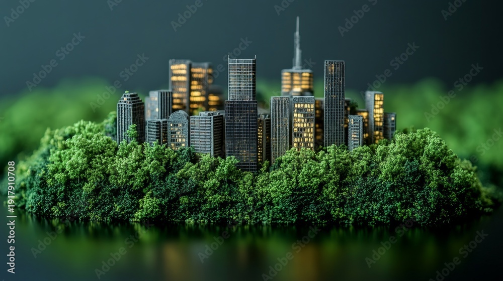 Obraz premium Miniature skyscrapers on a green plain symbolise the harmony between urbanisation and nature, emphasising the importance of sustainable urban development — the perfect atmospheric backdrop 