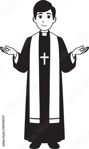 A black and white illustration of a priest with arms outstretched in a welcoming gesture