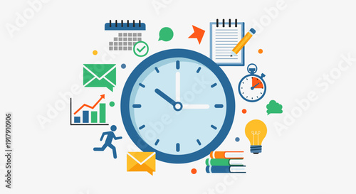 Large Clock with Surrounding Office Icons.