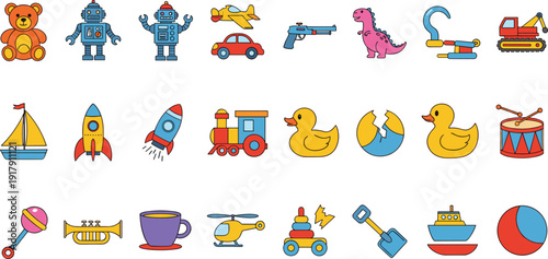 Kids Toys Icon Set with Robots, Teddy Bear, Vehicles, Animals, Musical Instruments, and Educational Play Objects in Colorful Vector Style