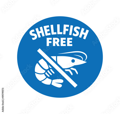 Flat vector badge SHELLFISH FREE simple white shrimp with slash minimal good look design good for package business info about product