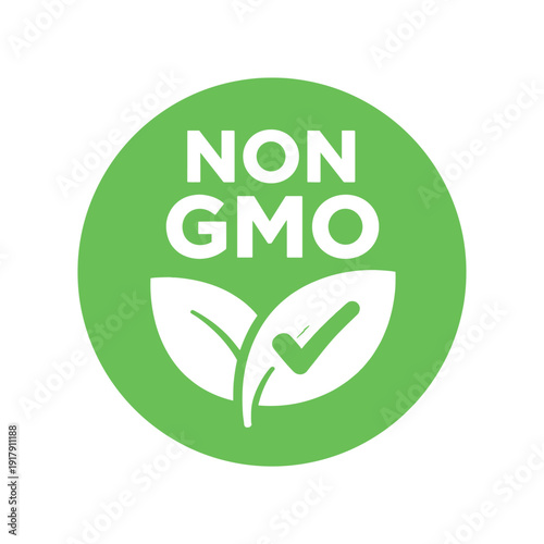 Flat vector badge NON GMO simple white leaf with checkmark minimal good look design good for package business info about product