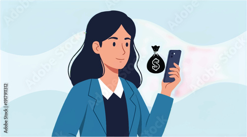 Woman in business attire holding smartphone with money bag icon floating nearby on screen