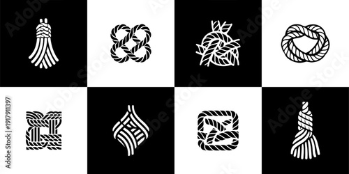 Icon Set Vector of 8 Nautical Rope Cord Fiber Knot Concepts