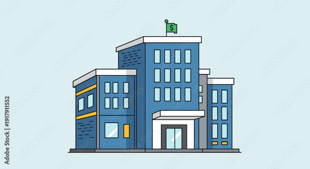 Fototapeta premium Blue Office Building with Green Flag.