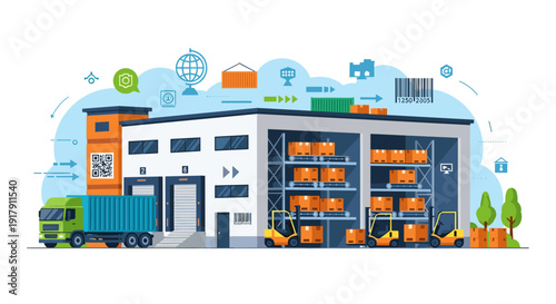 Warehouse Facility with Truck and Storage.