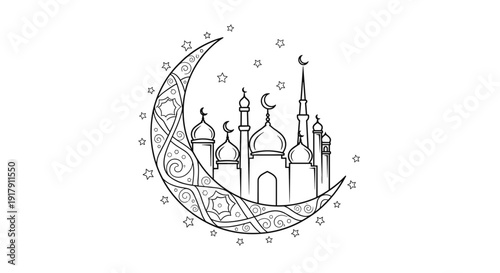 Crescent Moon with Mosque Silhouette Illustration.