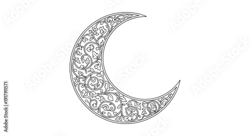 Ornate Crescent Moon Symbol Illustration.