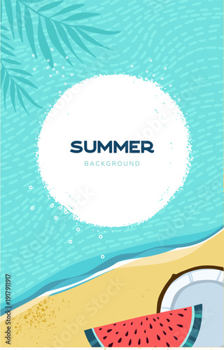 Set of summer tropical vector background designs for banner or flyer with exotic palm leaves, hibiscus flowers sun, fruits and ocean waves at the beach.