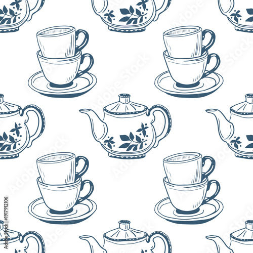 Hand drawn vintage italian seamless pattern with tea pots and cups. Retro Italia dolce vita background perfect for menus, wrapping, wallpapers.