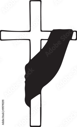Black silhouette of a cape draped over a cross against a plain background