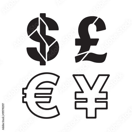 Currency symbols us dollar british pound euro and japanese yen depicted