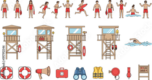 Lifeguard and Beach Safety Vector Set Featuring Lifeguard Towers, Rescue Equipment, Swimming Actions, and Coastal Emergency Service Illustrations