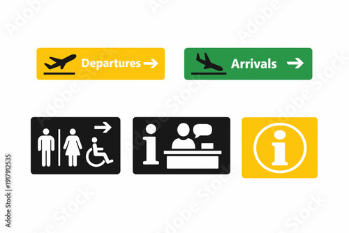Airport Signage Set Departures Arrivals Restrooms Information.