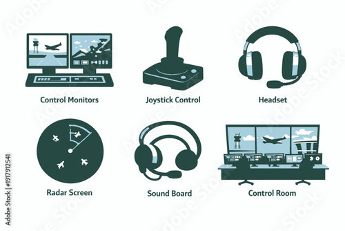 Air Traffic Control Equipment Icons Monitors Joystick Headset Radar.