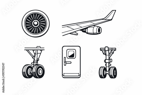 Airplane Parts Engine Wing Landing Gear and Door Illustration.