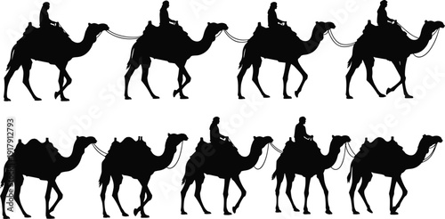 Camel caravan silhouette illustration, desert travel art, traditional trade route design, nomadic lifestyle concept, Middle Eastern culture background, journey inspiration