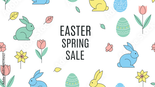 Colorful pastel Easter Spring Sale banner with cute bunnies decorated eggs and spring flowers for holiday promotions
