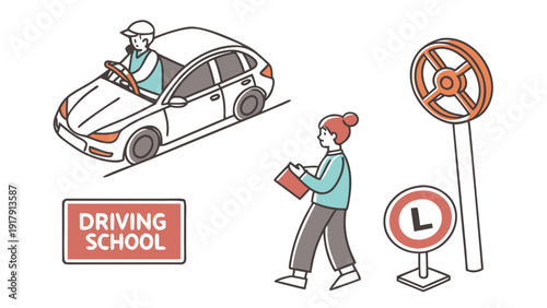 Driving School Illustration Car Instructor Student and Road Signs.