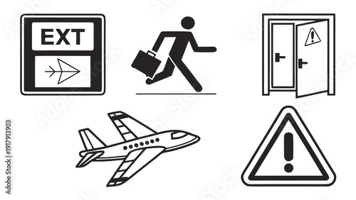 Emergency and Safety Icons Exit Running Man Door Airplane Warning.